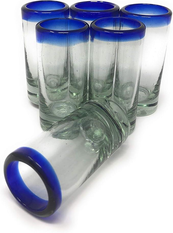 Mexican hand-blown shot glass with blue rim - Chile Mojo