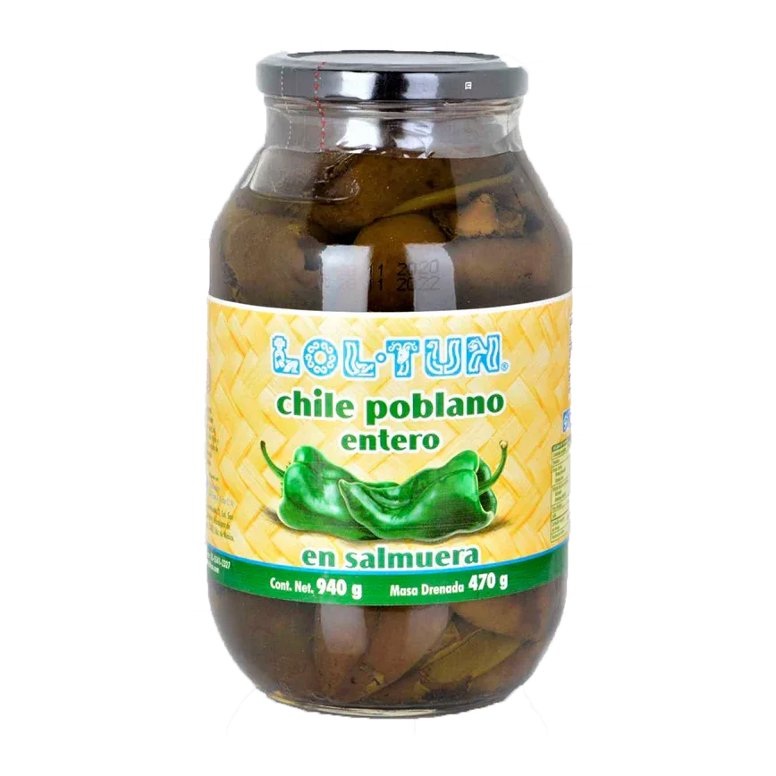 Lol Tun whole Poblano Chiles in jar 940gm - Chile Mojo