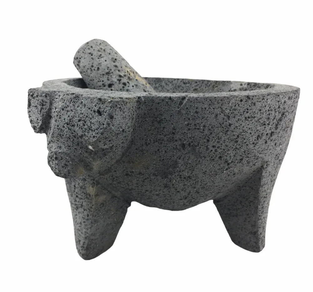 Molcajete mortar and pestle - natural Mexican volcanic stone with pig motif - Chile Mojo