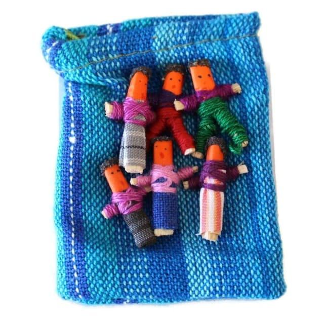 Guatemalan Worry Dolls - fabric pouch with 6 small dolls - Chile Mojo