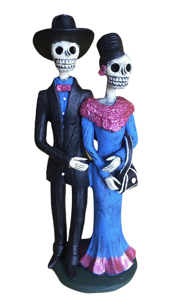 Mexican ceramic folk art - hand made slender day of the dead couple - 19cm tall