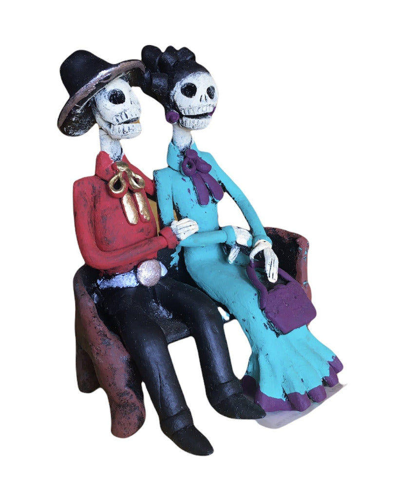 Mexican clay folk art - hand made day of the dead Couple on a Bench