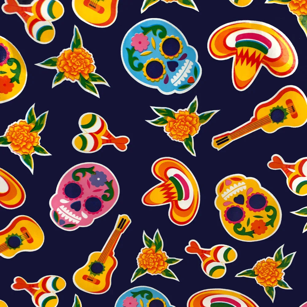 Mexican Oilcloth Table Cover - Sugar Skulls on Navy Blue - Chile Mojo