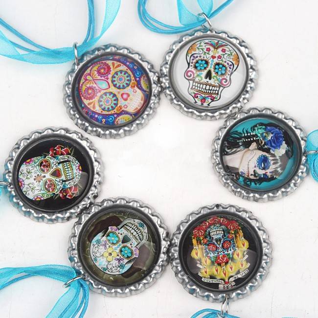 Day of the Dead necklace bottle-cap pendant on ribbon