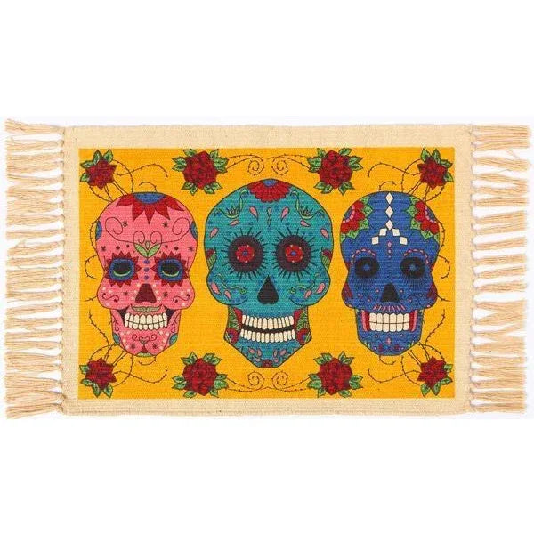Day of the Dead cotton placemat - 3 Calavera Sugar Skulls on Yellow - Chile Mojo