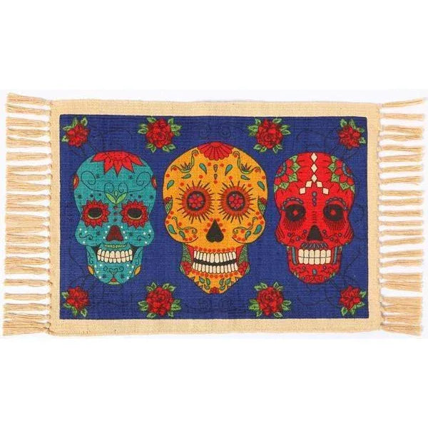Day of the Dead cotton placemat - 3 Calavera Sugar Skulls on Blue - Chile Mojo