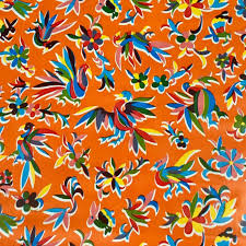 Mexican Oilcloth Table Cover - Otomi Design on Orange