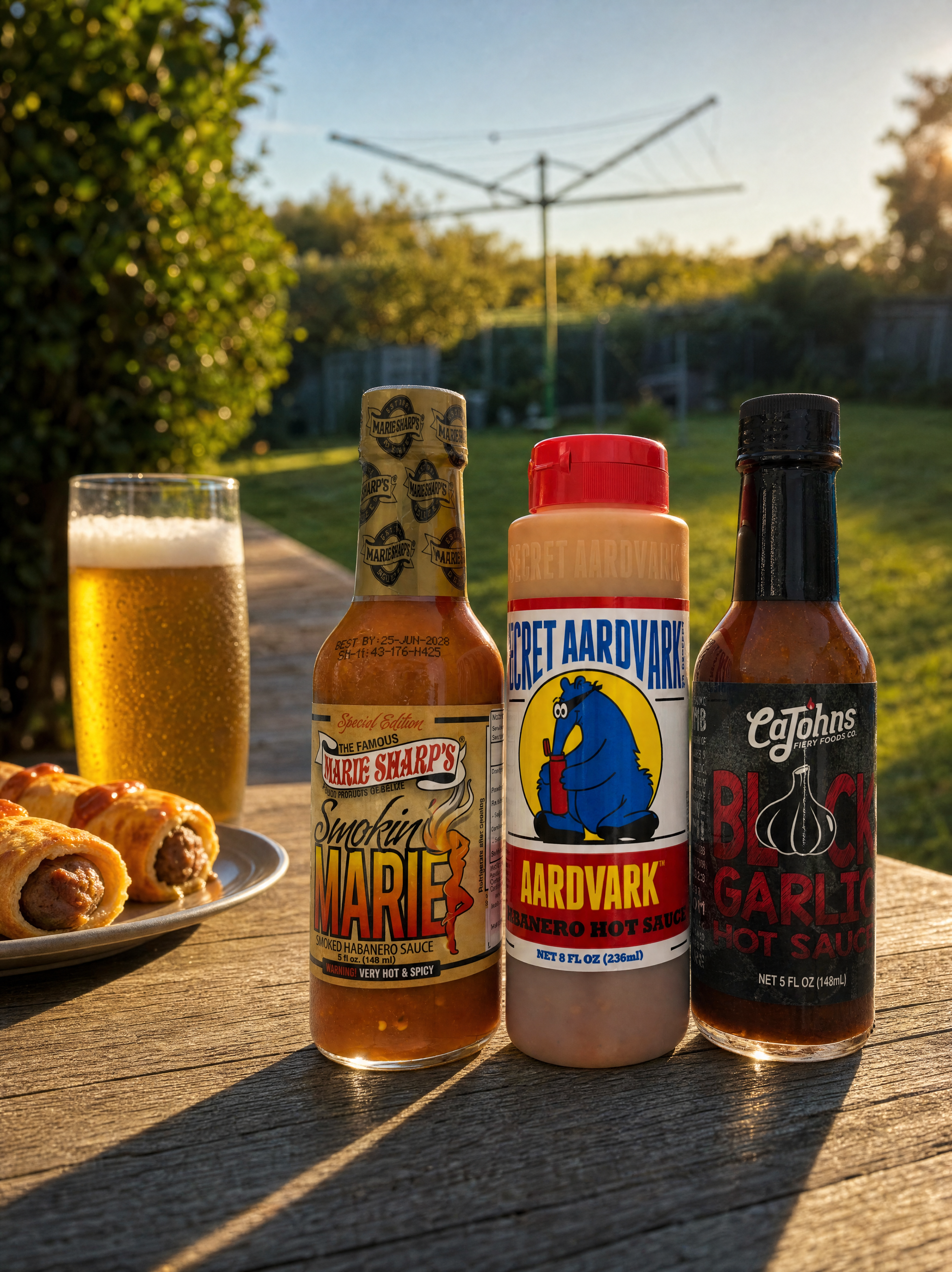 Three hot sauce bottles standing on a wooden table outdoors, with a glass of beer and pastries nearby. The bottles are branded Marie Sharps Smokin Marie, Secret Aardvark Habenero and CaJohns Black Garlic.