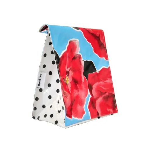 Mexican Oilcloth Lunch Bag - Red Flowers on Light Blue