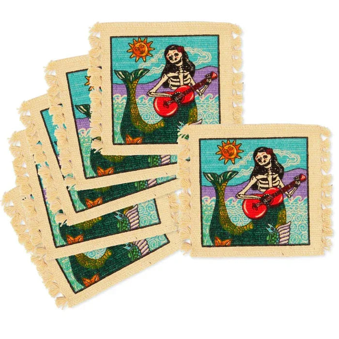 Cotton Drink Coaster - Day of the Dead Mermaid - Chile Mojo