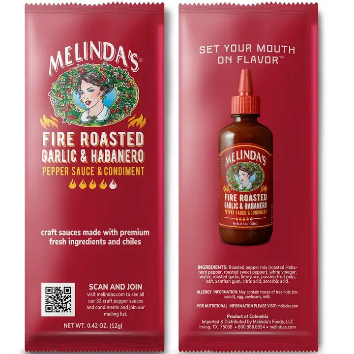 Melindas Fire Roasted Garlic and Habanero Hot Sauce - single serve packet - best before Oct 2025 - Chile Mojo