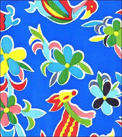 Mexican Oilcloth Table Cover by the meter - cut to size - Otomi Design on Blue - Chile Mojo