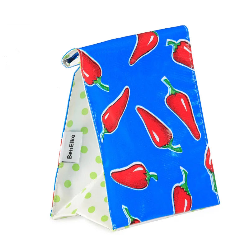 Mexican Oilcloth lunch Bag -  Chiles Red on Blue