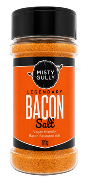Jar of Misty Gully Legendary Bacon Salt on a white background