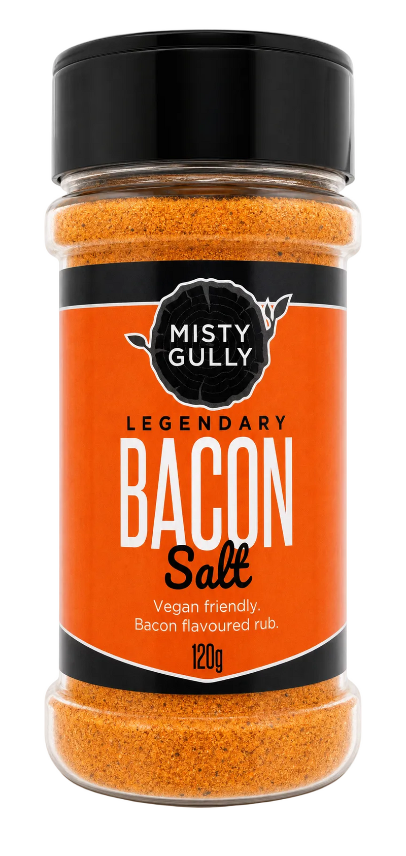 Jar of Misty Gully Legendary Bacon Salt on a white background