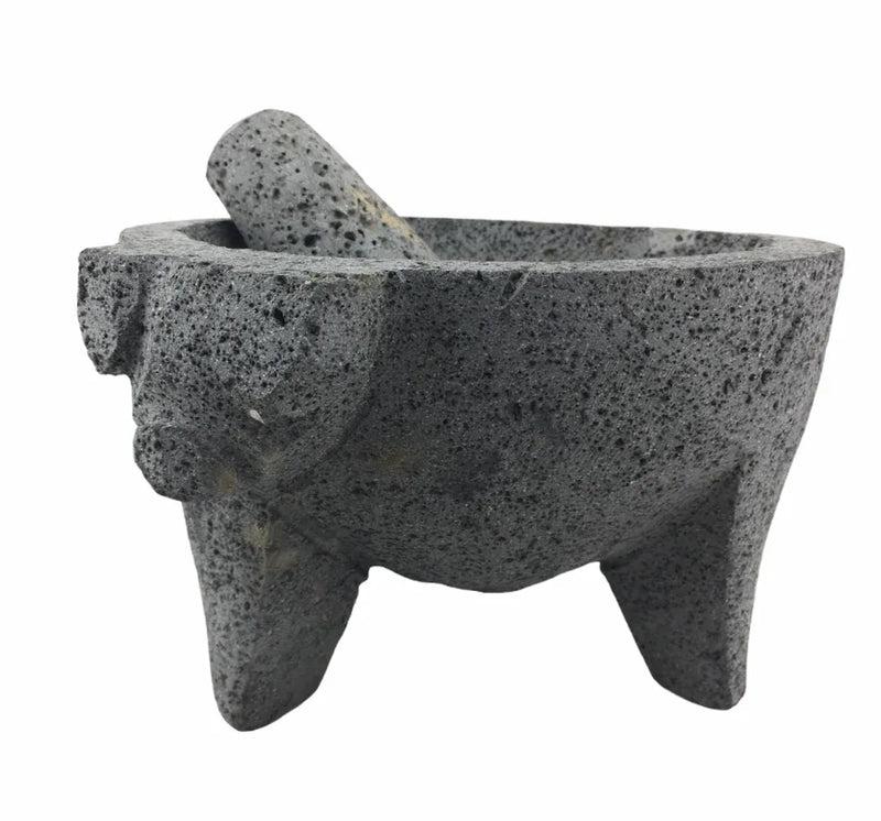 Molcajete mortar and pestle - natural Mexican volcanic stone with pig motif - Chile Mojo