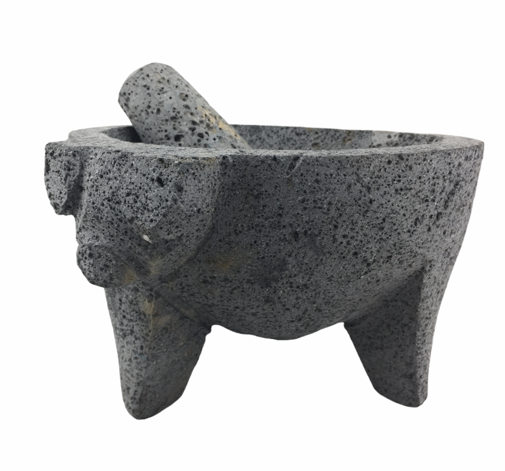 Molcajete mortar and pestle - natural Mexican volcanic stone with pig motif