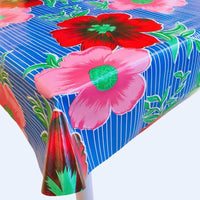 Mexican Oilcloth Table Cover - Hibiscus Flowers & Stripes Pale Blue - Chile Mojo