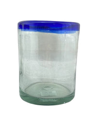 Handblown Mexican Drinking Glass - blue rim - Chile Mojo