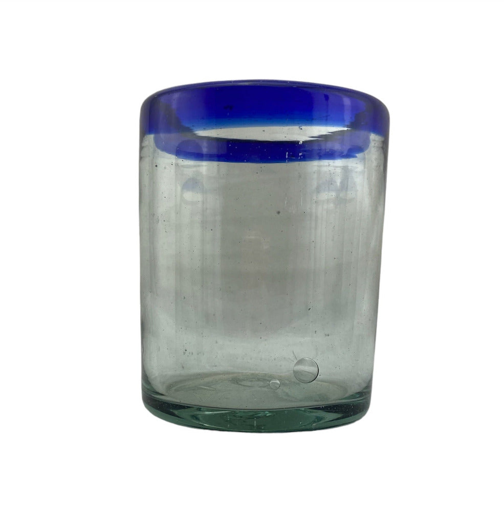 Handblown Mexican Drinking Glass - blue rim