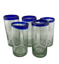 Handblown Mexican Drinking Glass - blue rim - Chile Mojo