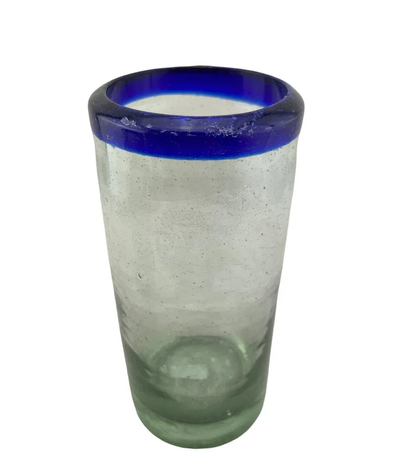 Handblown Mexican Drinking Glass - blue rim - Chile Mojo