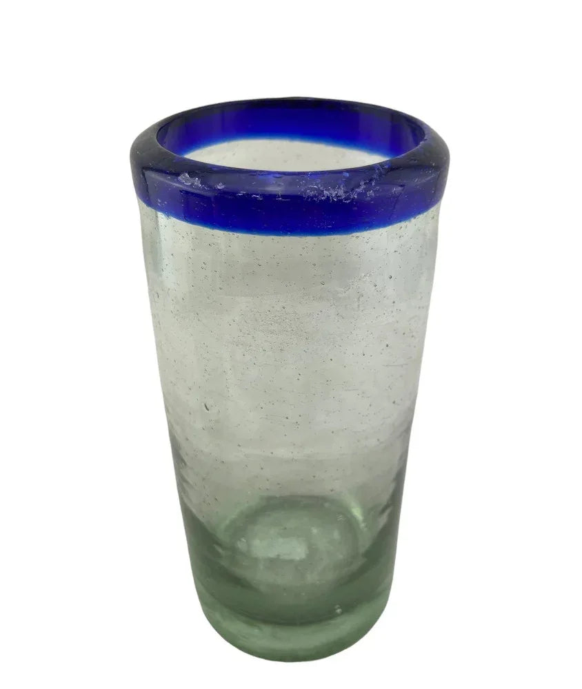 Handblown Mexican Drinking Glass - blue rim - Chile Mojo