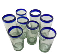Handblown Mexican Drinking Glass - blue rim - Chile Mojo