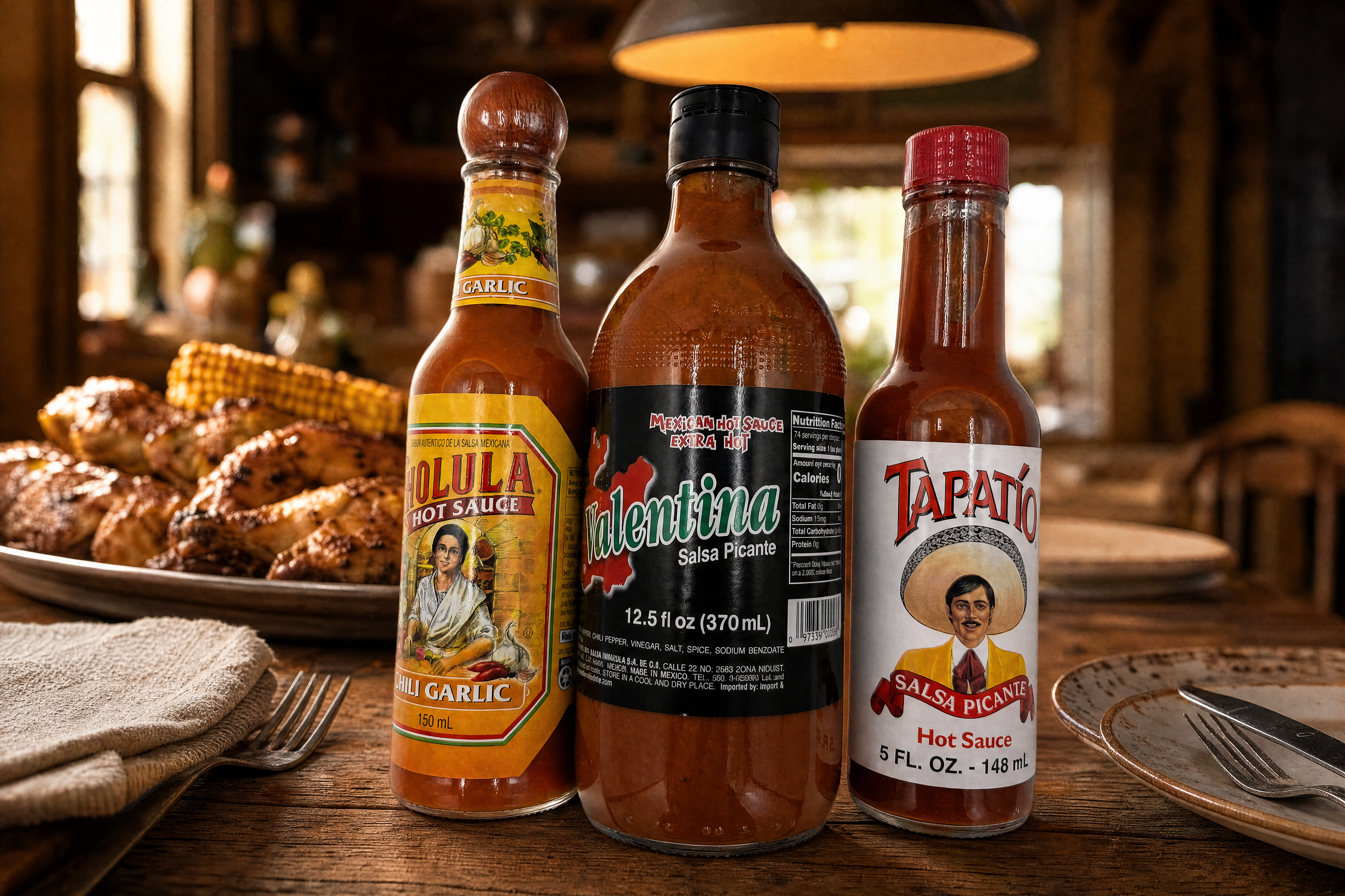 Three hot sauce bottles from Cholula, Valentina and Tapatio displayed on a rustic wooden table in a restaurant setting, with grilled corn and chicken in the background.