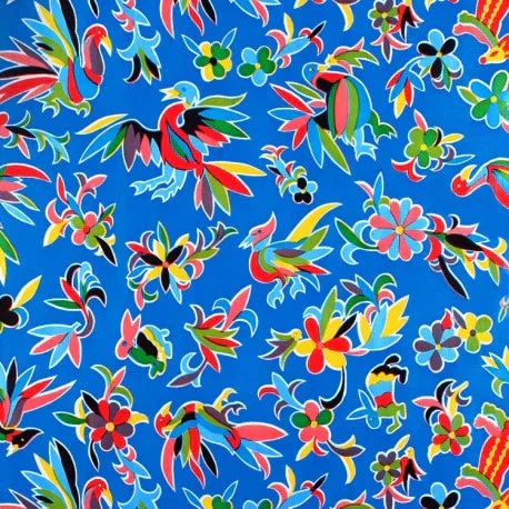 Mexican Oilcloth Table Cover by the meter - cut to size - Otomi Design on Blue - Chile Mojo