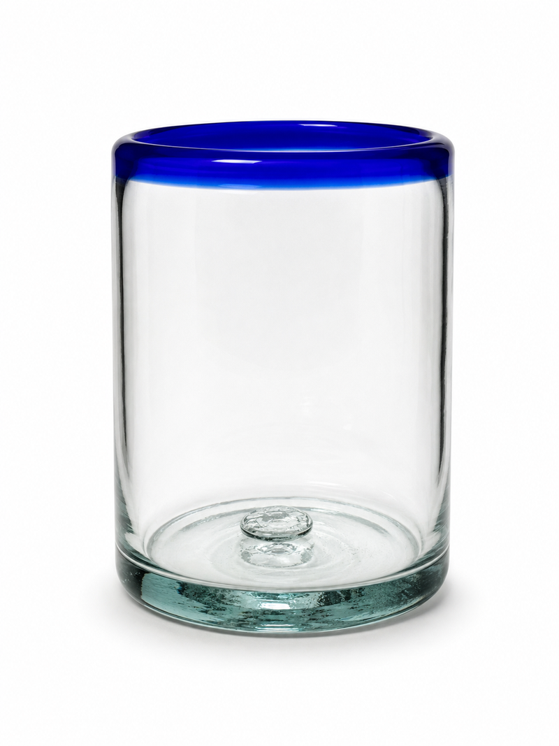 Hand blown Mexican Old Fashioned Drinking Glass with Blue Rim