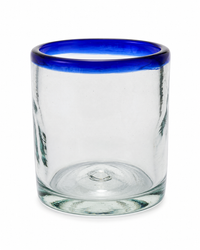 Hand blown Mexican Old Fashioned Drinking Glass with Blue Rim