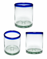 Hand blown Mexican Old Fashioned Drinking Glass with Blue Rim