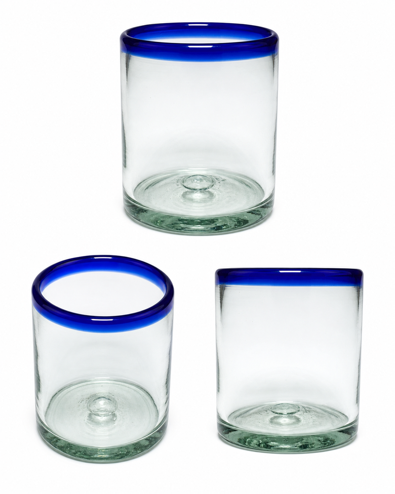 Hand blown Mexican Old Fashioned Drinking Glass with Blue Rim