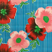 Mexican Oilcloth Table Cover - Hibiscus Flowers & Stripes Pale Blue - Chile Mojo