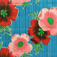 Mexican Oilcloth Table Cover - Hibiscus Flowers & Stripes Pale Blue - Chile Mojo