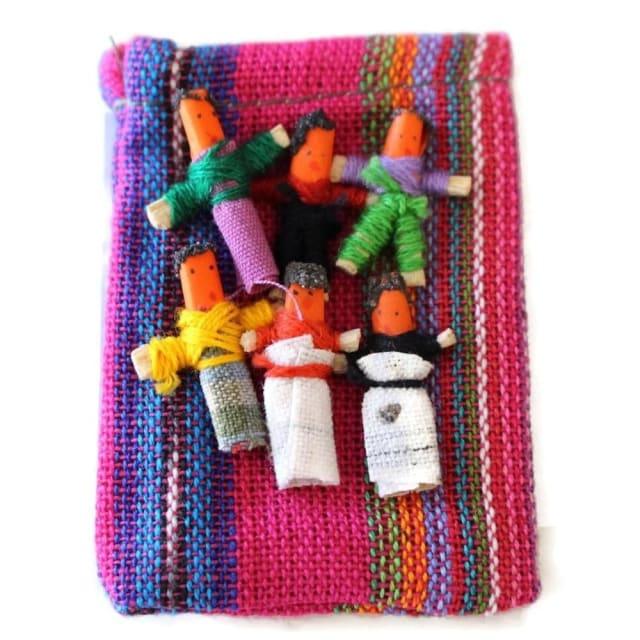 Guatemalan Worry Dolls - fabric pouch with 6 small dolls - Chile Mojo