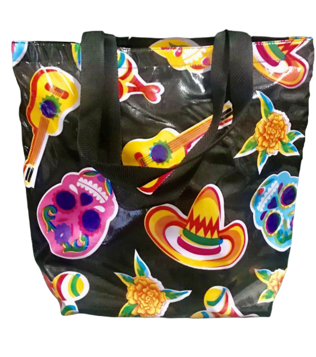 Mexican Oilcloth Tote Bag - Medium Sugar Skulls Black
