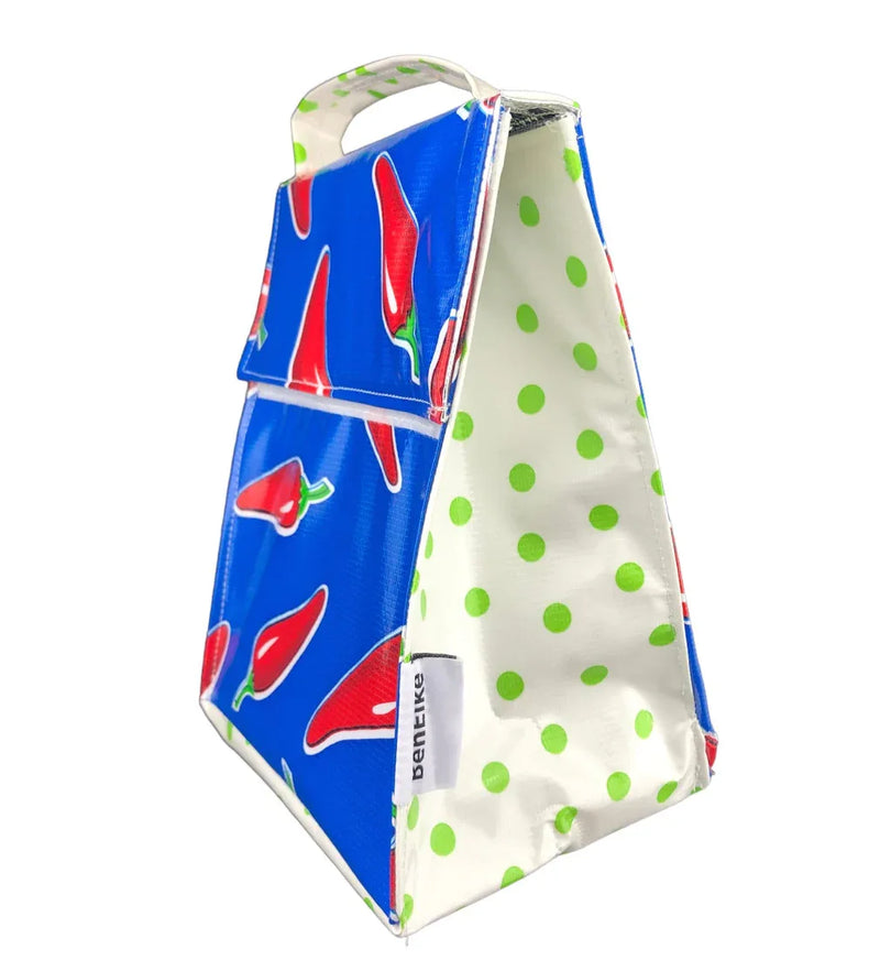Mexican Oilcloth Insulated Lunch Bag - Chiles Red on Blue - Chile Mojo