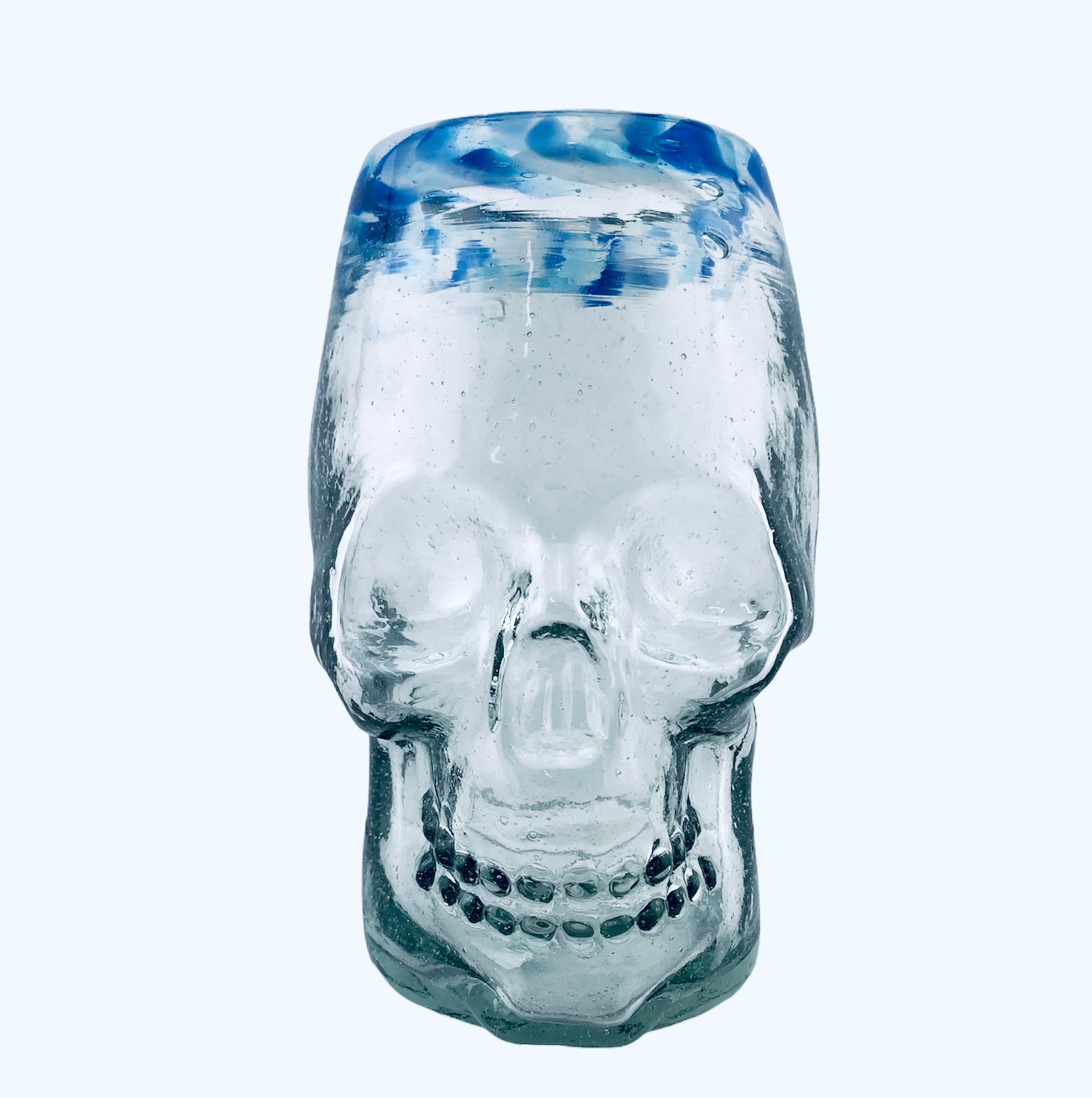 Handmade Mexican Calavera Skull Glass - blue and white rim