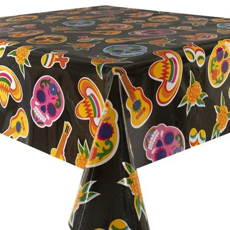 Mexican Oilcloth Table Cover - Sugar Skulls on Black - Chile Mojo