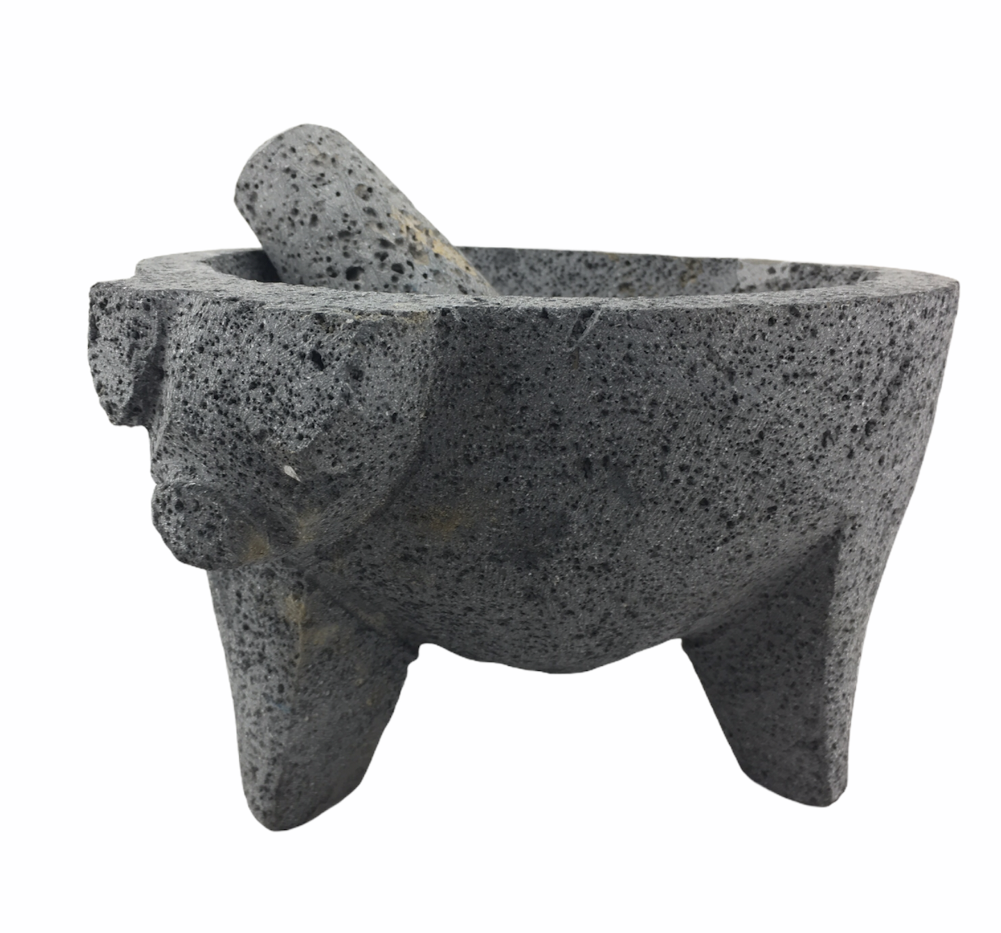 Molcajete mortar and pestle - natural Mexican volcanic stone with pig motife