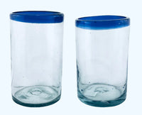 Handblown Mexican Drinking Glass - blue rim - Chile Mojo