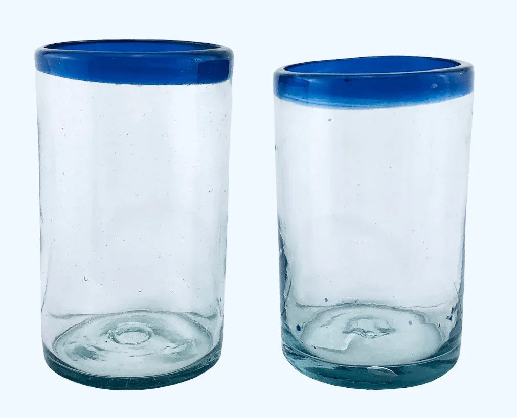 Handblown Mexican Drinking Glass - blue rim - Chile Mojo