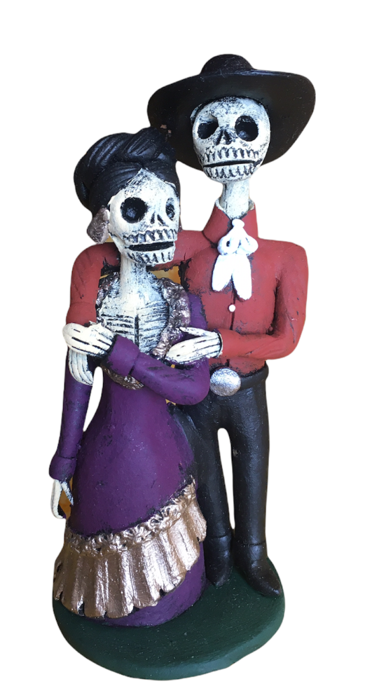 Mexican clay folk art - hand made day of the dead couple - 15cm tall