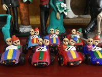 Mexican clay folk art - mini day of the dead Sunday drive car - Chile Mojo