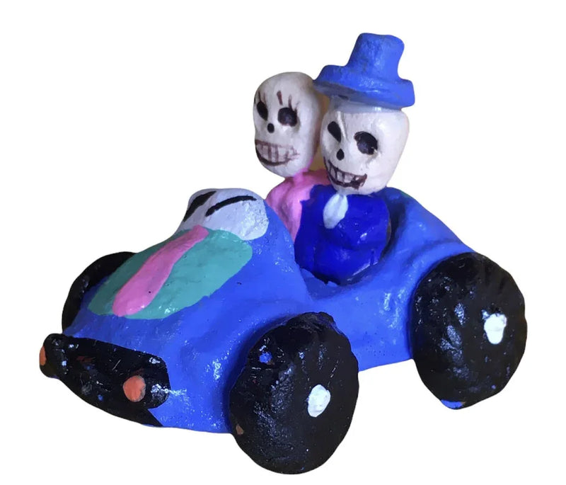 Mexican clay folk art - mini day of the dead Sunday drive car - Chile Mojo
