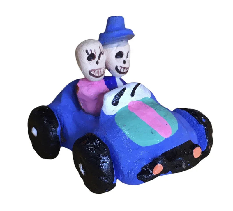 Mexican clay folk art - mini day of the dead Sunday drive car - Chile Mojo