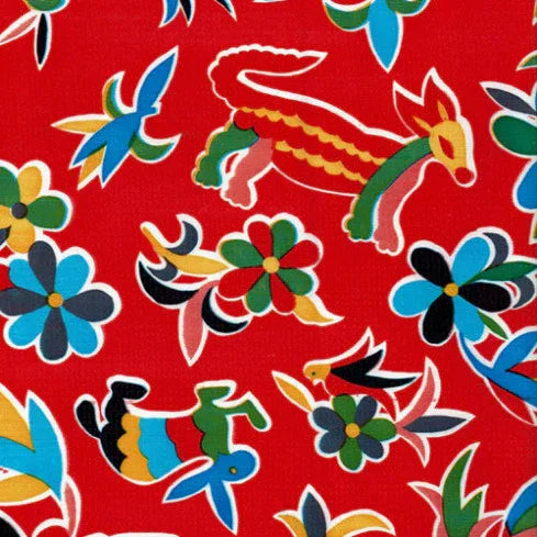 Mexican Oilcloth Table Cover - Otomi Design on Red - Chile Mojo