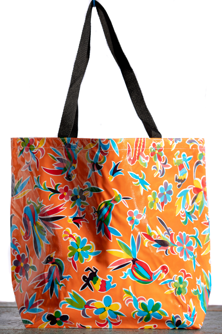 Mexican Oilcloth Tote Bag - Large Otomi Design Orange